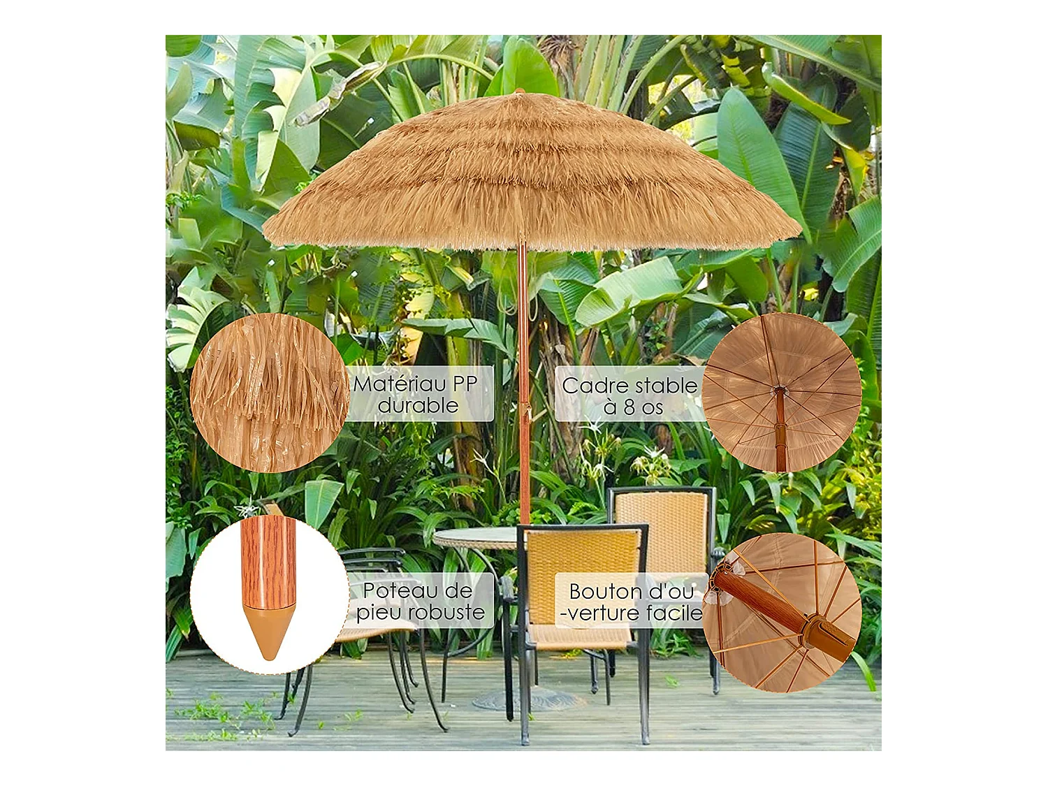 Parasol Inclinable de Paille 1,75M--Protection Solaire UPF 30+, Inclinable sur 30°/Style Hawaïen pour Plage de sable/Jardin/Terrasse/Plage Beige