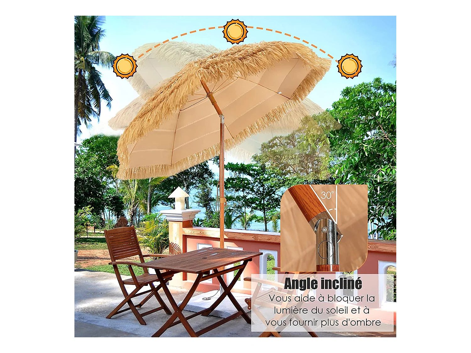 Parasol Inclinable de Paille 1,75M--Protection Solaire UPF 30+, Inclinable sur 30°/Style Hawaïen pour Plage de sable/Jardin/Terrasse/Plage Beige
