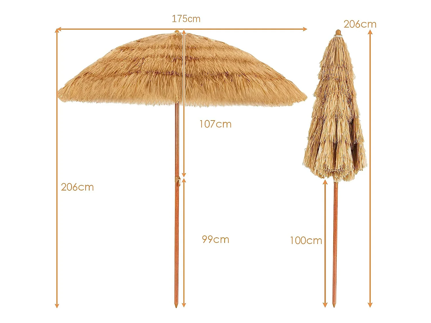 Parasol Inclinable de Paille 1,75M--Protection Solaire UPF 30+, Inclinable sur 30°/Style Hawaïen pour Plage de sable/Jardin/Terrasse/Plage Beige