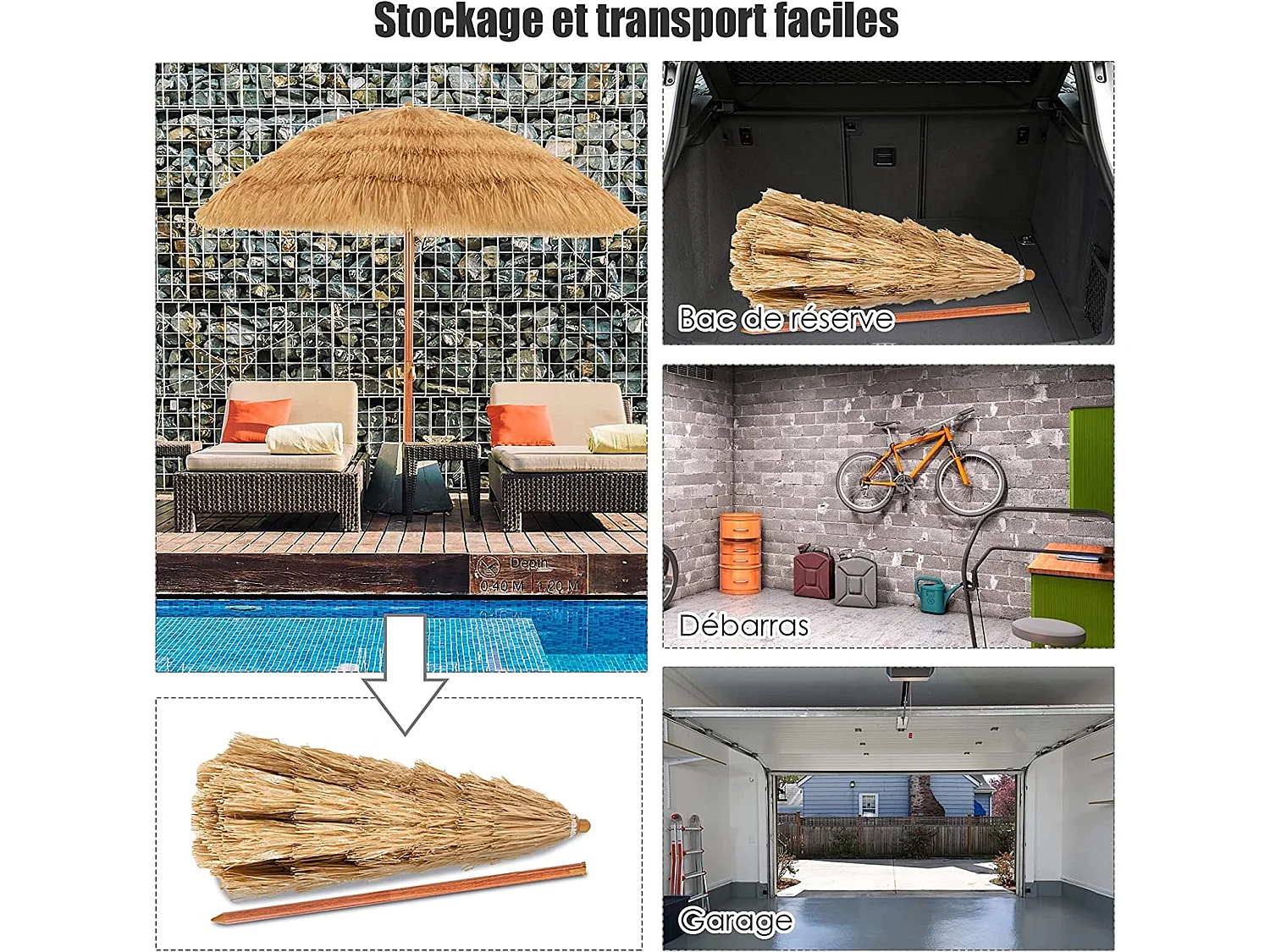 Parasol Inclinable de Paille 1,75M--Protection Solaire UPF 30+, Inclinable sur 30°/Style Hawaïen pour Plage de sable/Jardin/Terrasse/Plage Beige