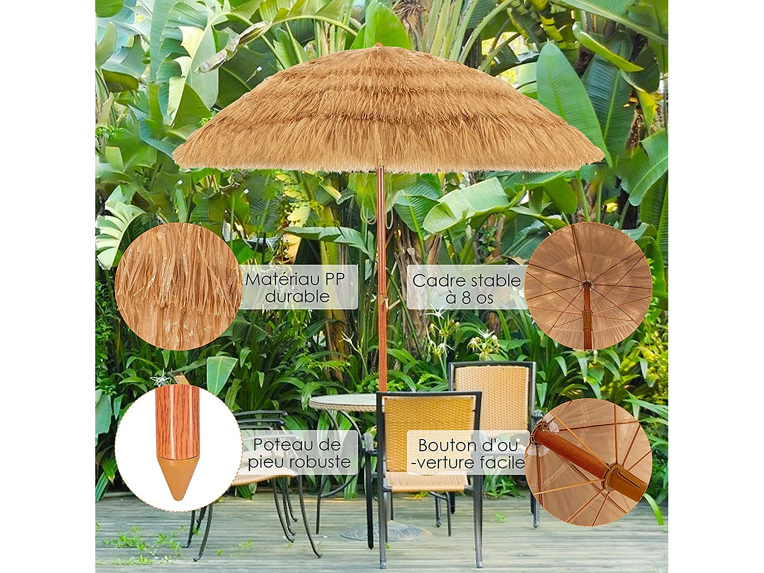Parasol Inclinable de Paille 1,75M--Protection Solaire UPF 30+, Inclinable sur 30°/Style Hawaïen pour Plage de sable/Jardin/Terrasse/Plage Beige