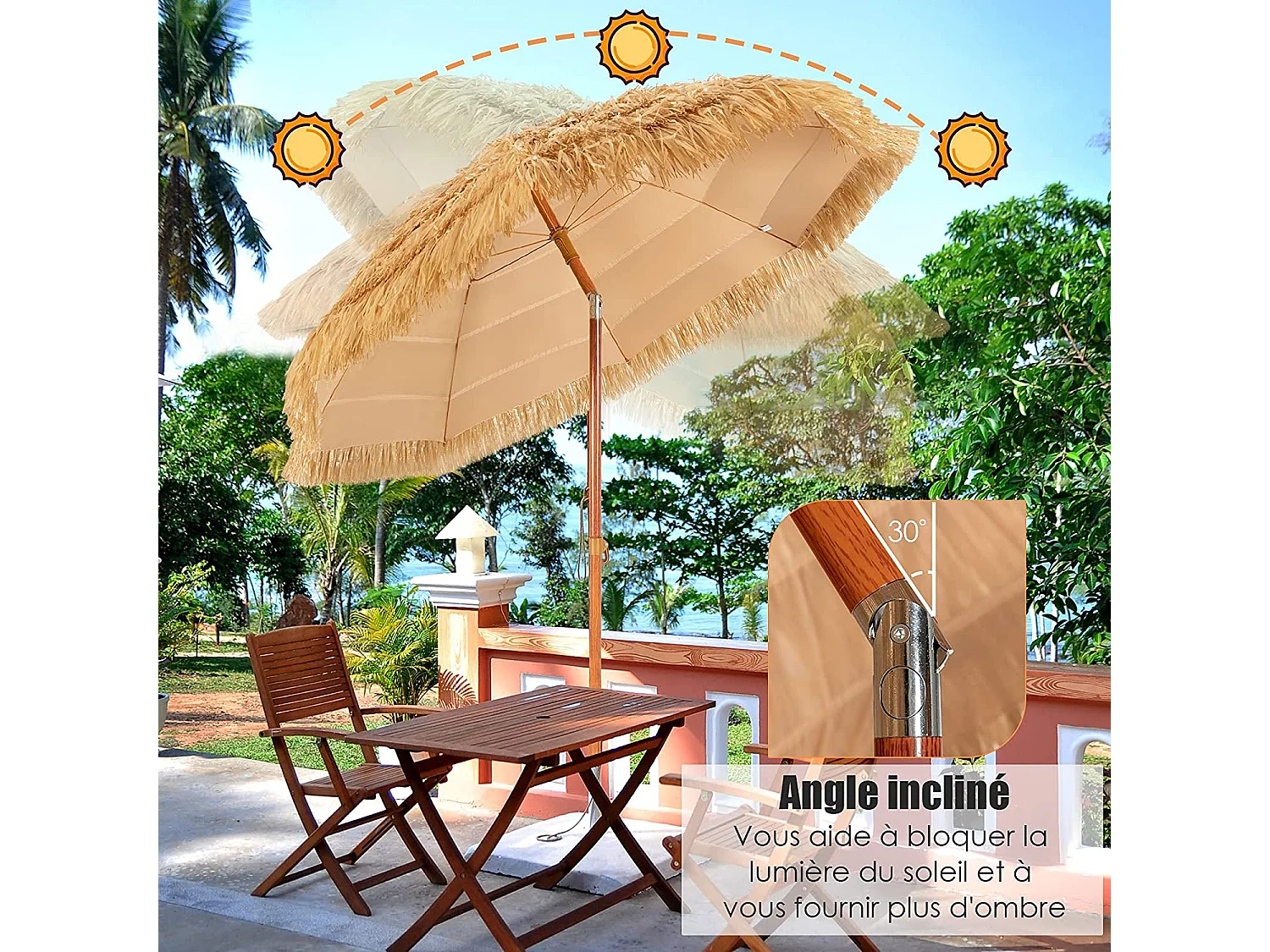 Parasol Inclinable de Paille 1,75M--Protection Solaire UPF 30+, Inclinable sur 30°/Style Hawaïen pour Plage de sable/Jardin/Terrasse/Plage Beige