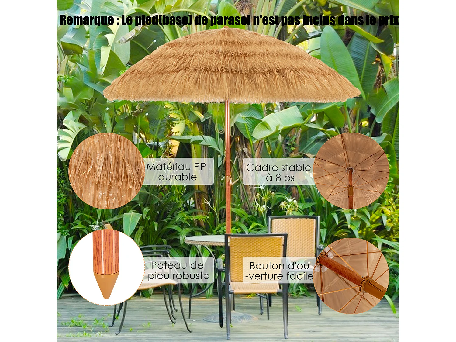 Parasol Plage Ø175cm PP paille 206cm, style hawaïen, 2 parties, naturel