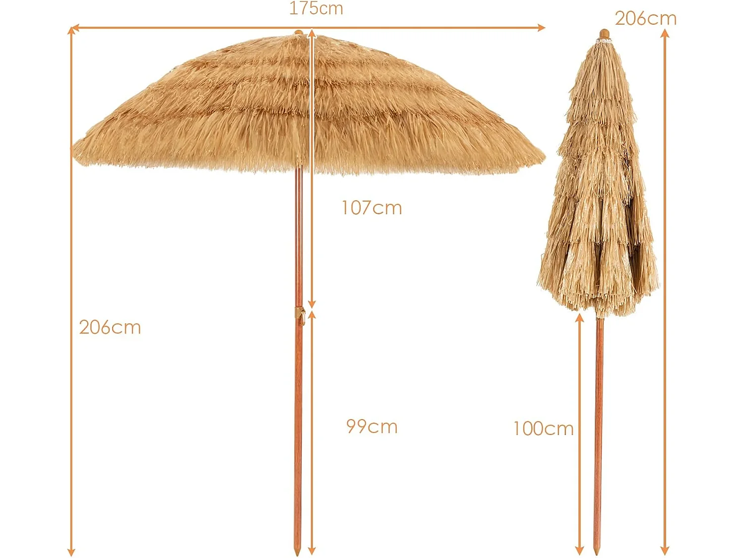 Parasol Plage Ø175cm PP paille 206cm, style hawaïen, 2 parties, naturel