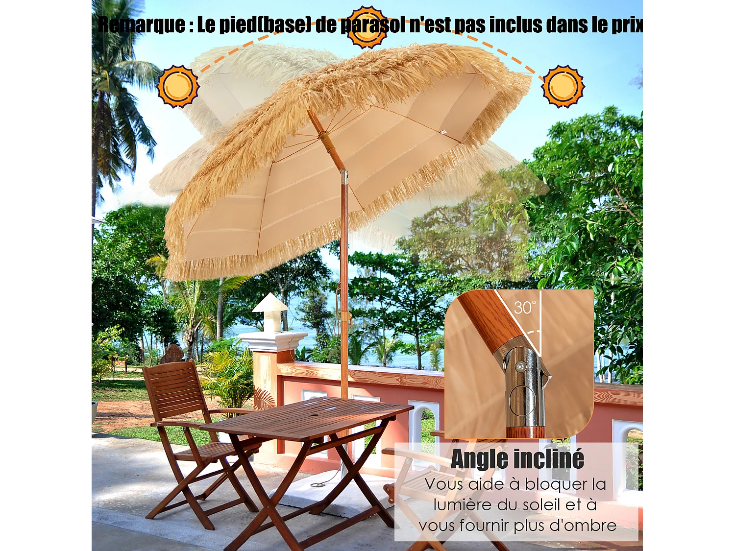 Parasol Plage Ø175cm PP paille 206cm, style hawaïen, 2 parties, naturel