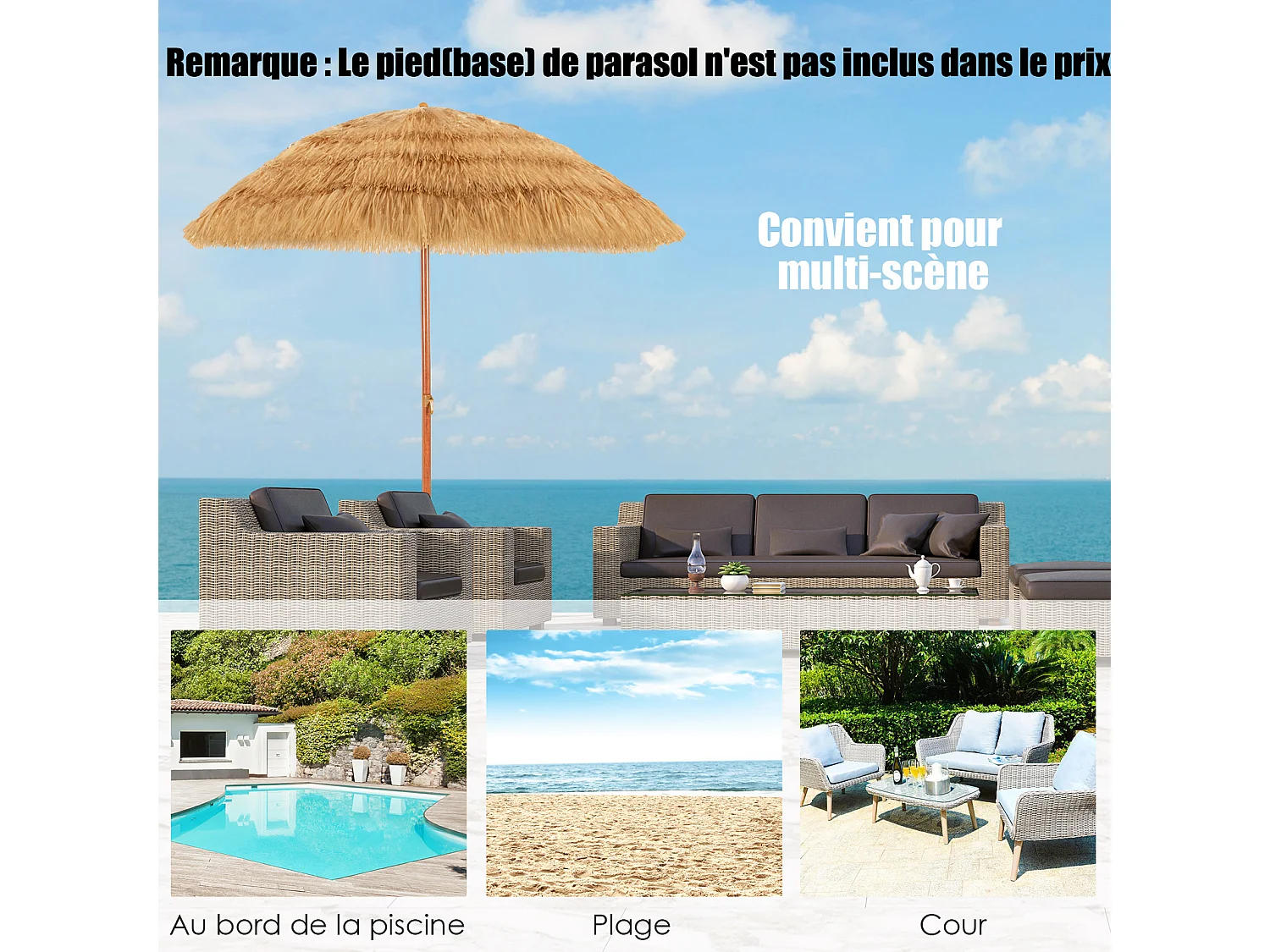 Parasol Plage Ø175cm PP paille 206cm, style hawaïen, 2 parties, naturel