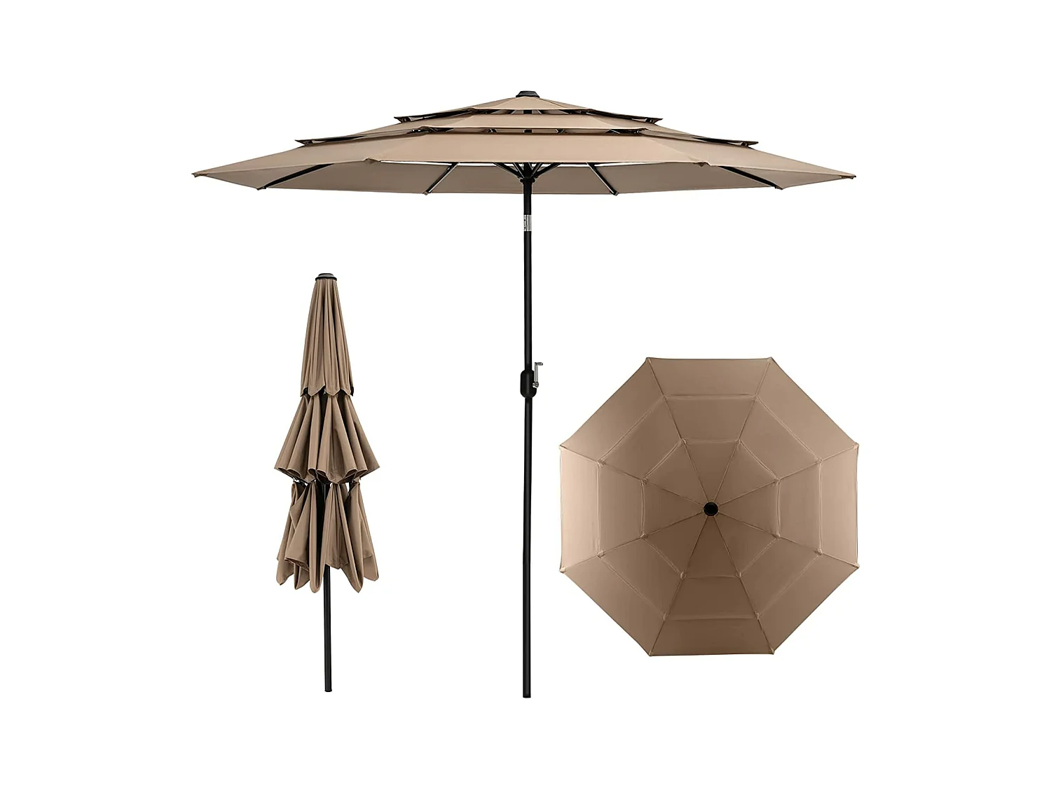 Parasol de Terrasse 3M à 3 Niveaux, Parapluie d'extérieur Double Ventilé Inclinaison à Bouton-poussoir, 8 Baleines Robustes Manivelle Manuelle pour Plage Terrasse Jardin, Café