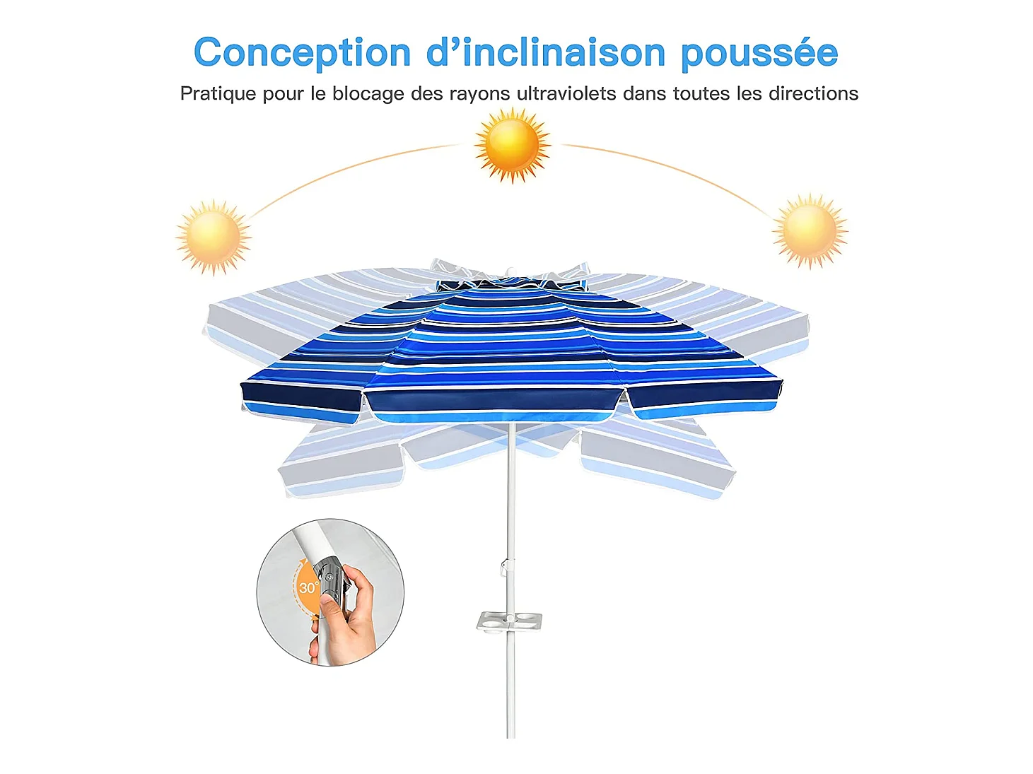 Parasol Pliable 2,2M Mécanisme Inclinable 30° avec Porte-Gobelet Fixation pour Sable Protection UPF50+ Portable Extérieur Bleu foncé