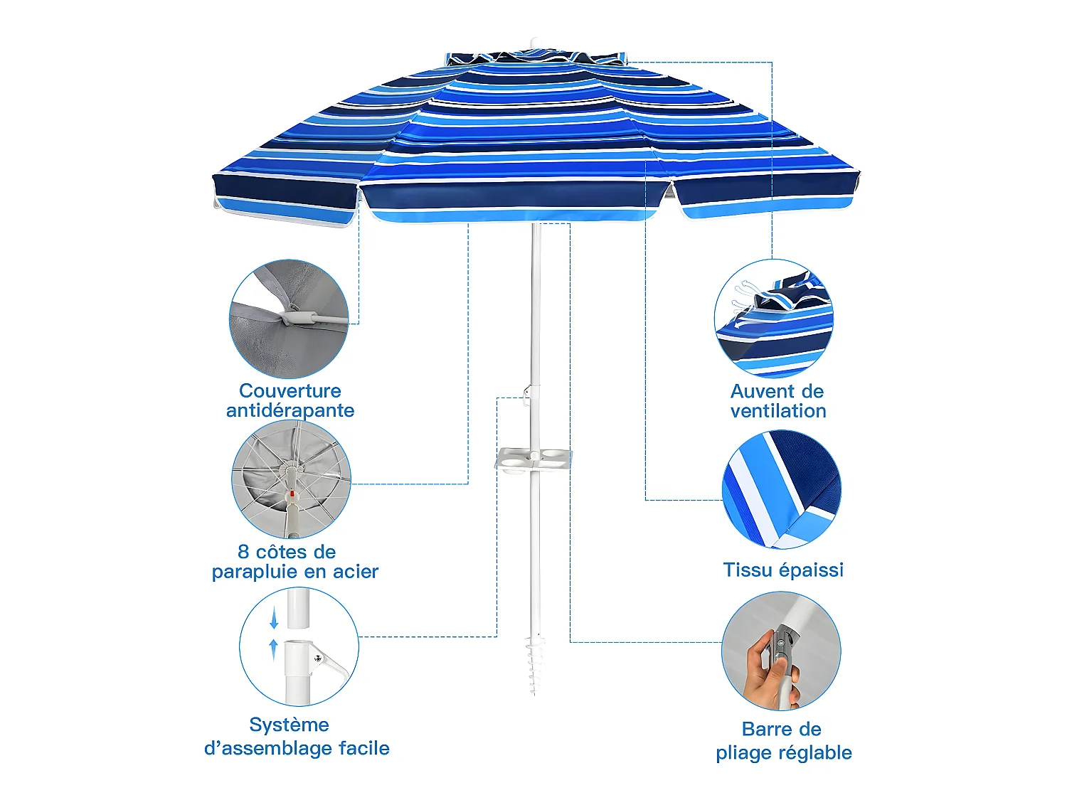 Parasol Pliable 2,2M Mécanisme Inclinable 30° avec Porte-Gobelet Fixation pour Sable Protection UPF50+ Portable Extérieur Bleu foncé