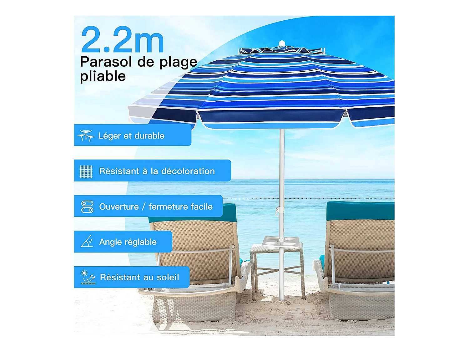 Parasol Pliable 2,2M Mécanisme Inclinable 30° avec Porte-Gobelet Fixation pour Sable Protection UPF50+ Portable Extérieur Bleu foncé