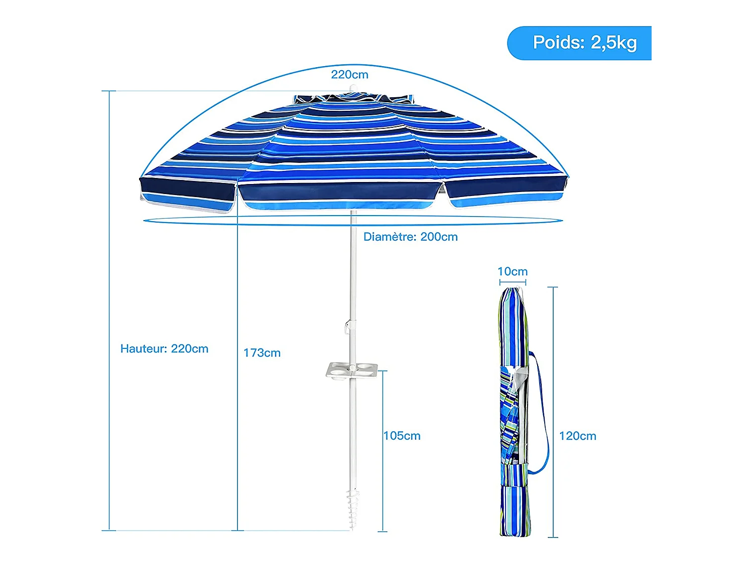 Parasol Pliable 2,2M Mécanisme Inclinable 30° avec Porte-Gobelet Fixation pour Sable Protection UPF50+ Portable Extérieur Bleu foncé
