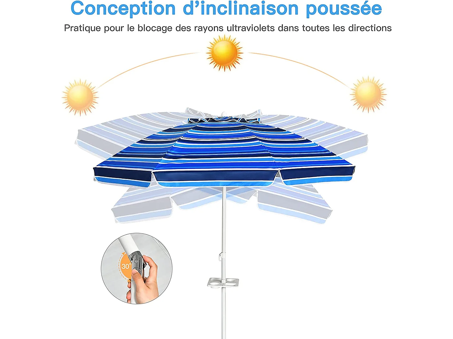 Parasol Pliable 2,2M Mécanisme Inclinable 30° avec Porte-Gobelet Fixation pour Sable Protection UPF50+ Portable Extérieur Bleu foncé