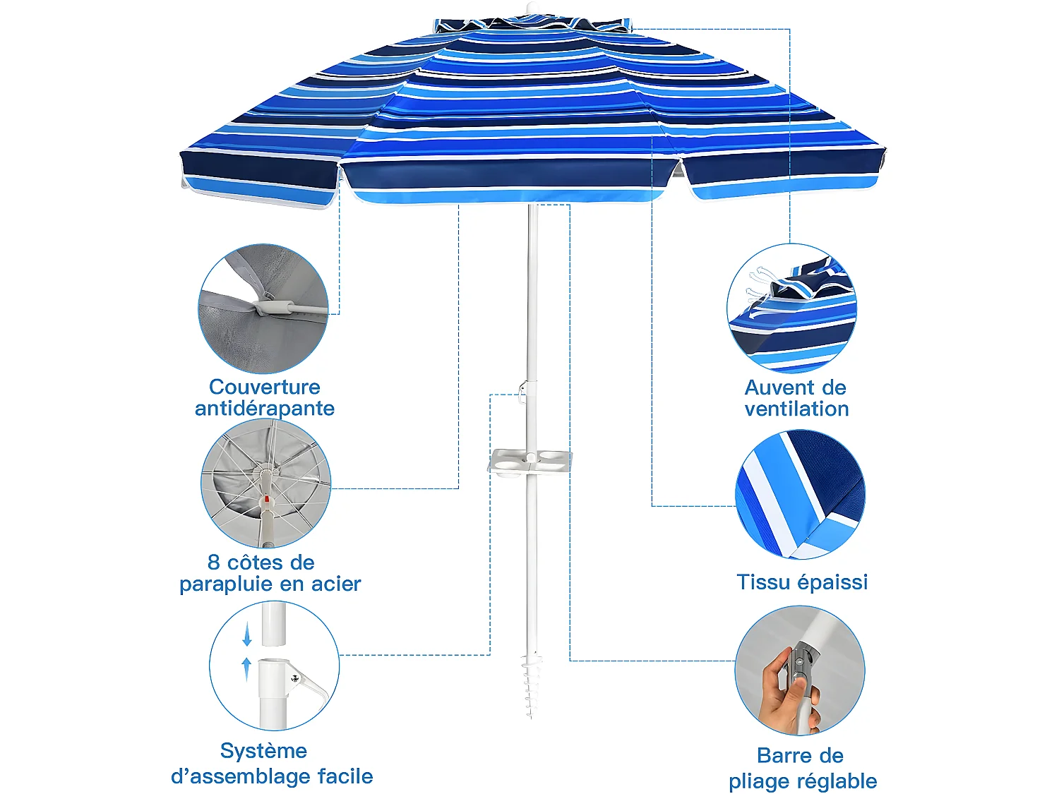 Parasol Pliable 2,2M Mécanisme Inclinable 30° avec Porte-Gobelet Fixation pour Sable Protection UPF50+ Portable Extérieur Bleu foncé