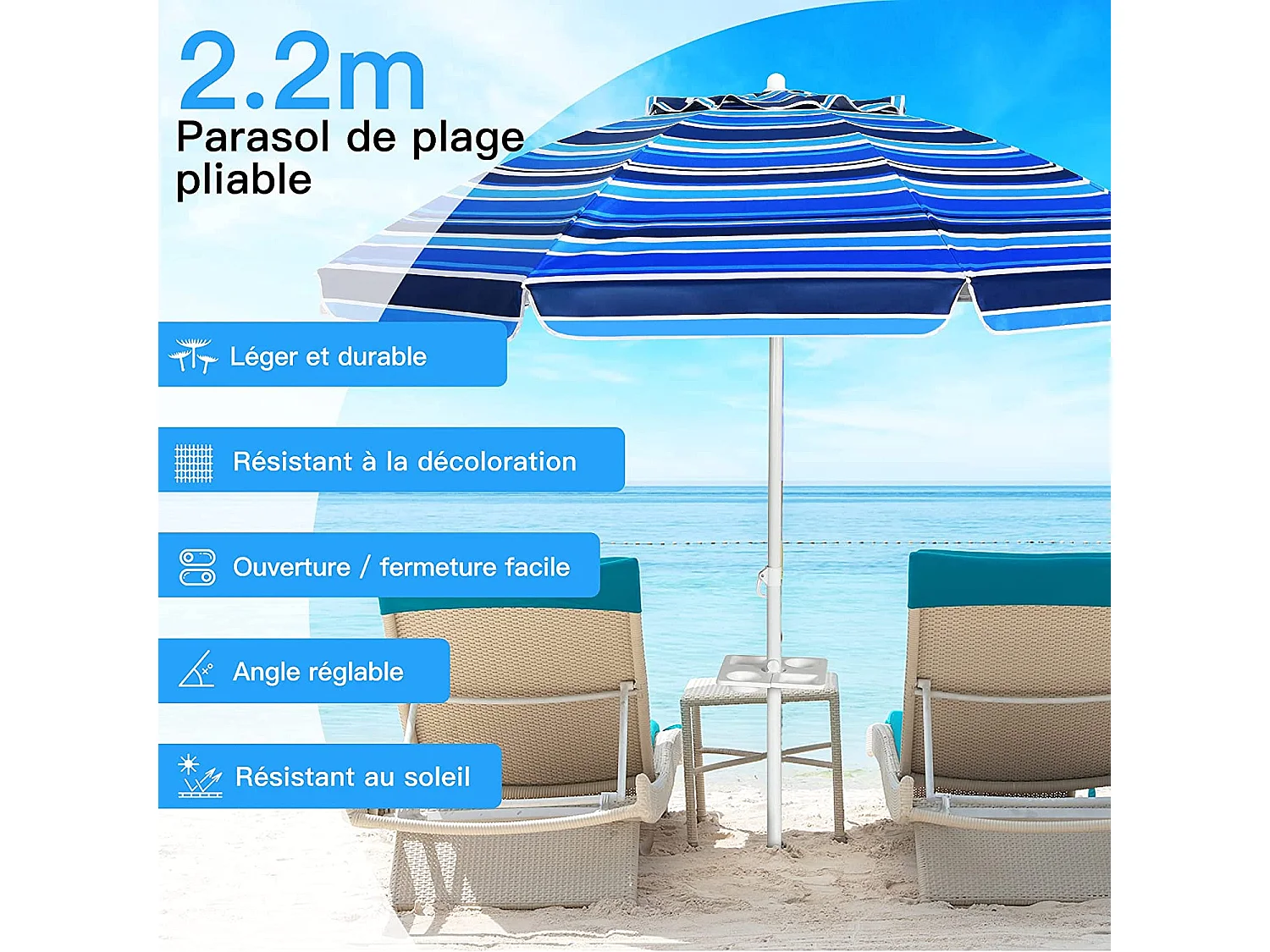 Parasol Pliable 2,2M Mécanisme Inclinable 30° avec Porte-Gobelet Fixation pour Sable Protection UPF50+ Portable Extérieur Bleu foncé
