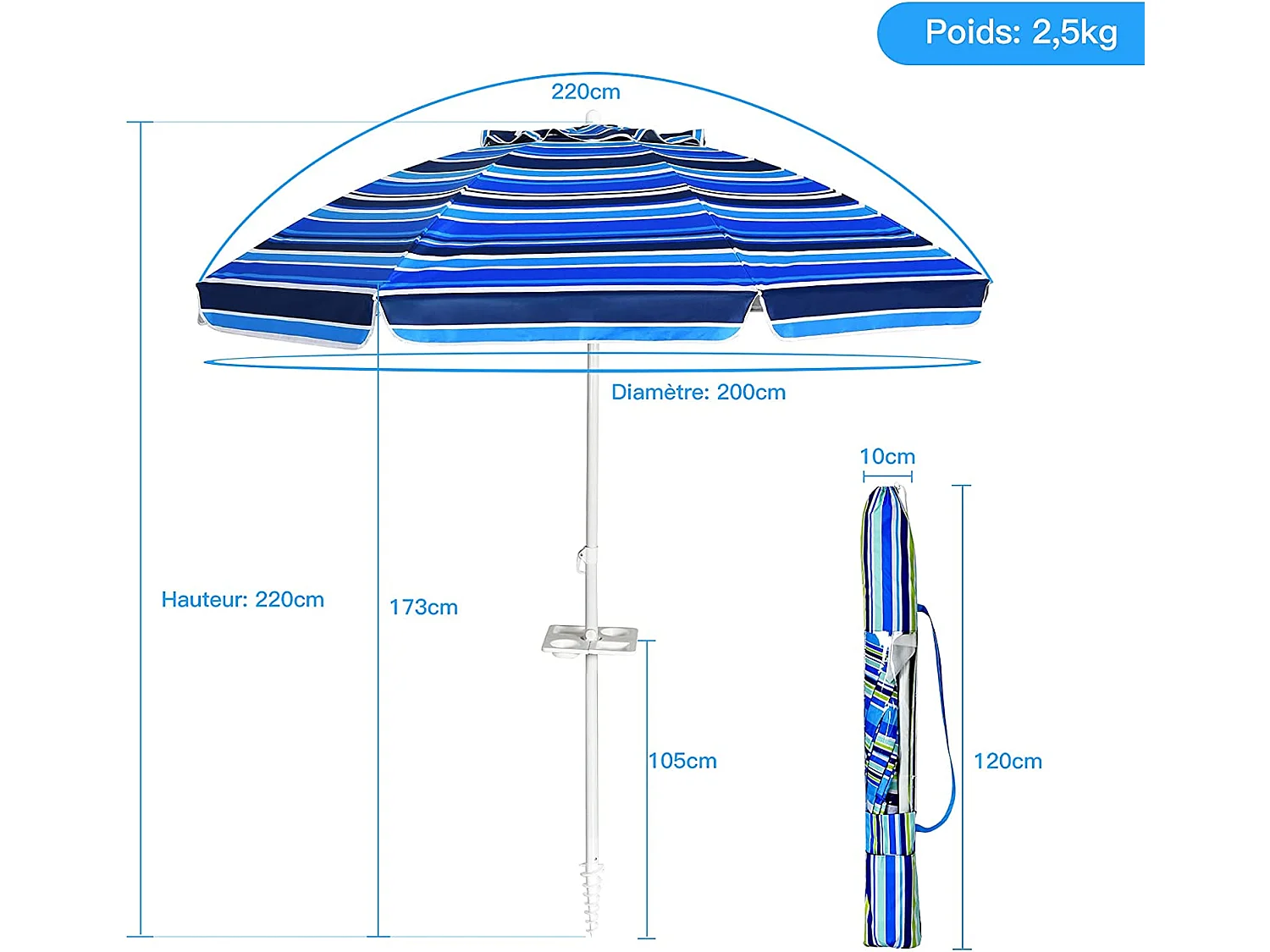 Parasol Pliable 2,2M Mécanisme Inclinable 30° avec Porte-Gobelet Fixation pour Sable Protection UPF50+ Portable Extérieur Bleu foncé