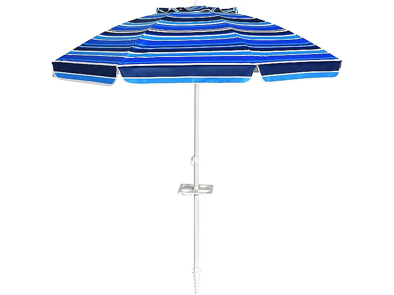 Parasol Pliable 2,2M Mécanisme Inclinable 30° avec Porte-Gobelet Fixation pour Sable Protection UPF50+ Portable Extérieur Bleu foncé