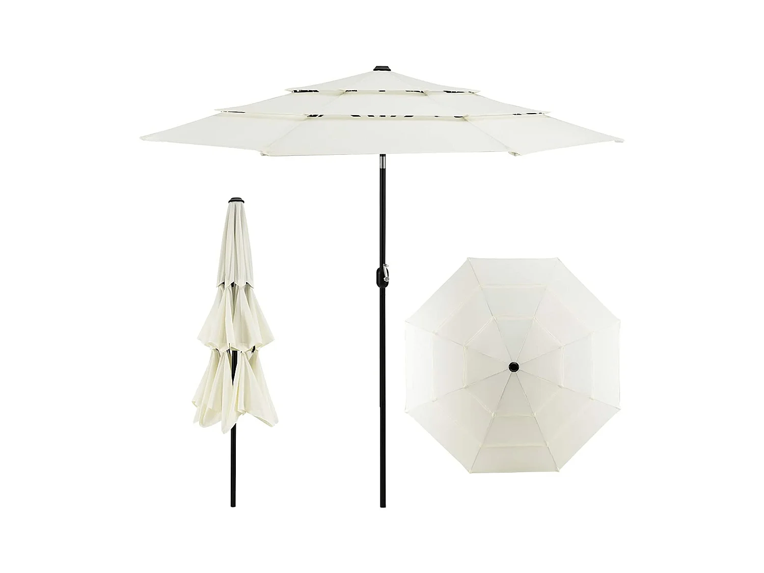 Parasol de Terrasse 3M à 3 Niveaux, Parapluie d'extérieur Double Ventilé Inclinaison à Bouton-poussoir, 8 Baleines Robustes Manivelle Manuelle pour Plage Terrasse Jardin, Beige