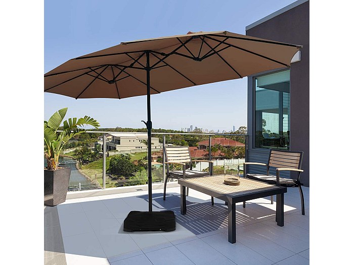 Parasol De Jardin Avec Mât Bambou 3x2 M - Toile Polyester Anti-UV, Ouverture Double Poulie - Pour Terrasse, Balcon, Piscine