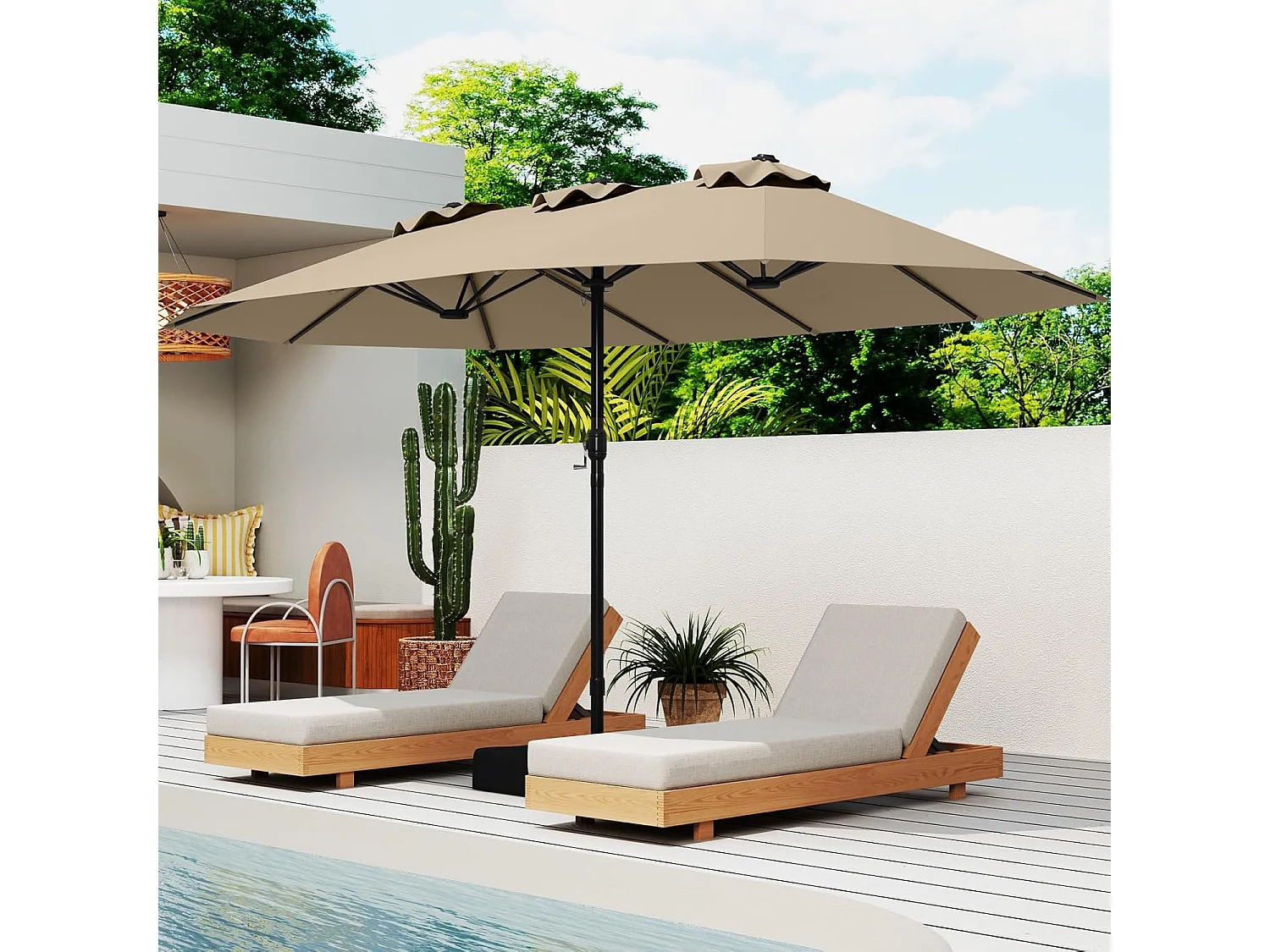 Parasol de jardin extérieur double 460x270cm avec base de parapluie 50kg et manivelle poteau φ48mm