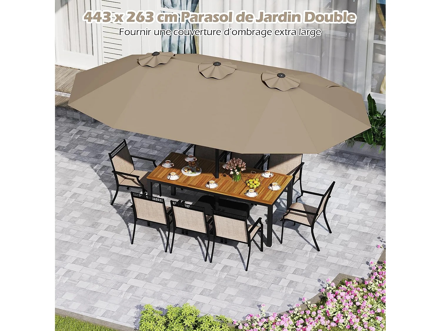 Parasol de jardin extérieur double 460x270cm avec base de parapluie 50kg et manivelle poteau φ48mm