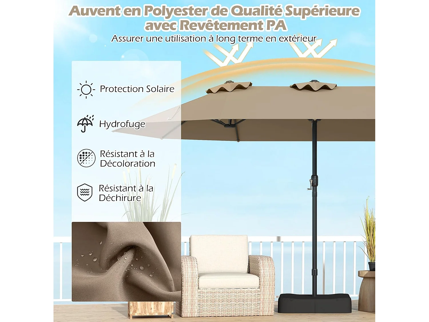Parasol de jardin extérieur double 460x270cm avec base de parapluie 50kg et manivelle poteau φ48mm