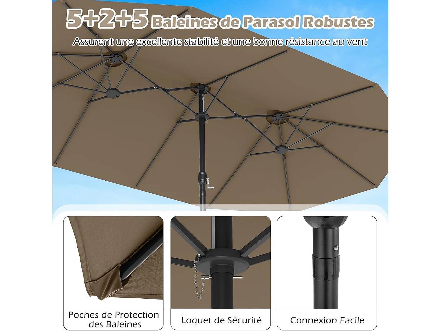 Parasol de jardin extérieur double 460x270cm avec base de parapluie 50kg et manivelle poteau φ48mm