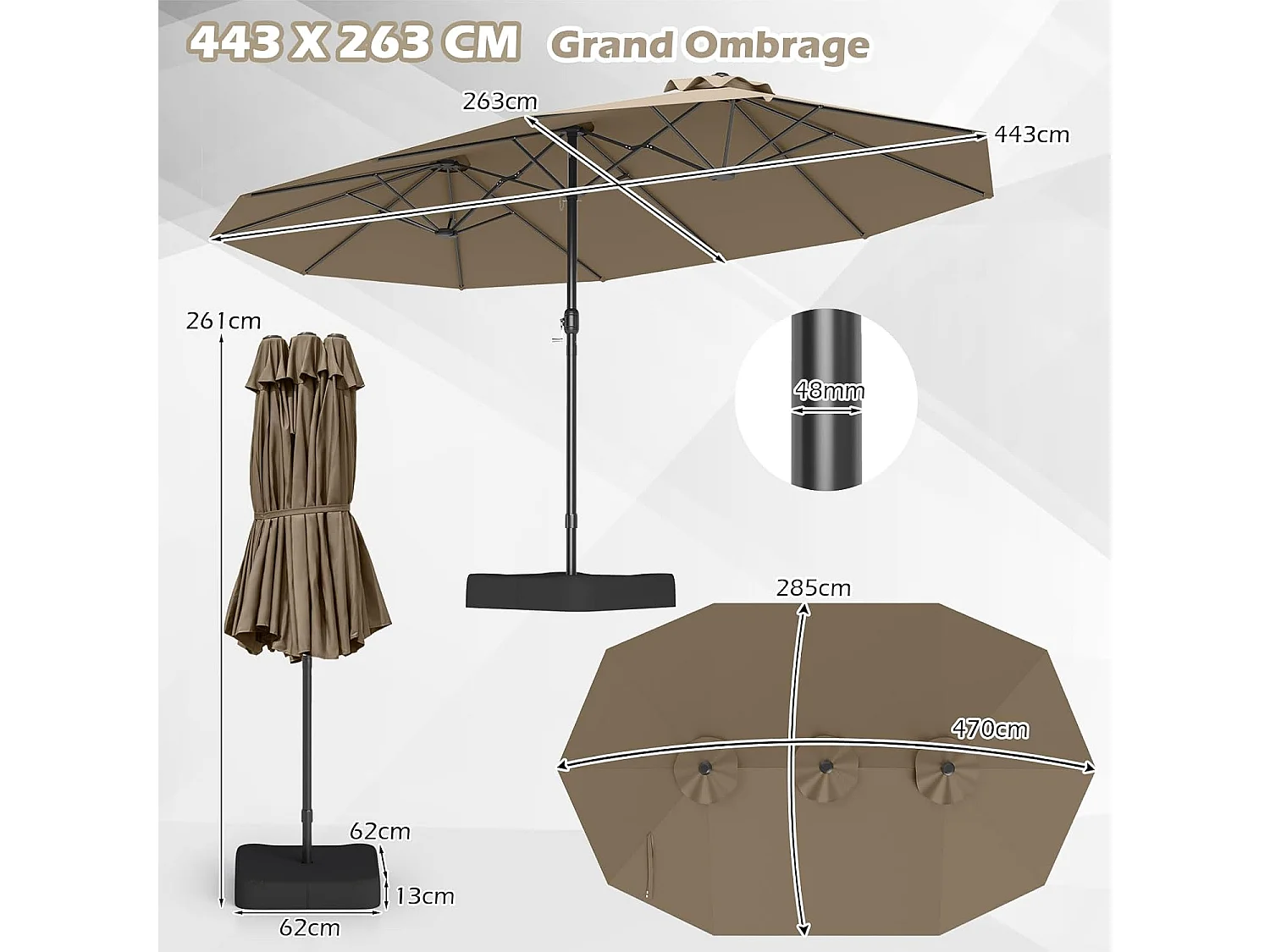 Parasol de jardin extérieur double 460x270cm avec base de parapluie 50kg et manivelle poteau φ48mm