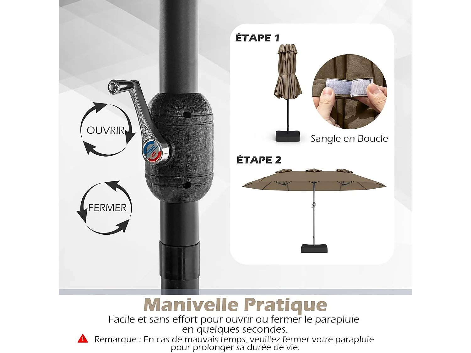 Parasol de jardin extérieur double 460x270cm avec base de parapluie 50kg et manivelle poteau φ48mm