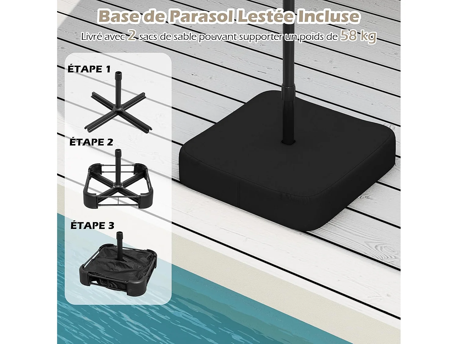 Parasol de jardin extérieur double 460x270cm avec base de parapluie 50kg et manivelle poteau φ48mm