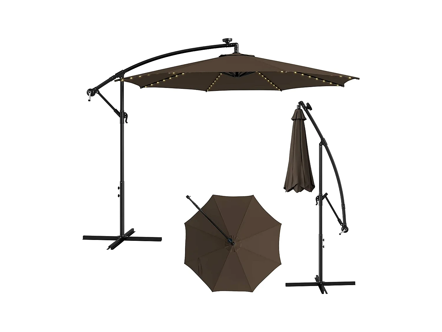 Parasol Déporté Inclinable 3M,112 Lumières LED, Panneau Solaire,Base Croisée Manivelle,Verrou de Sécurité, 303x243,5cm Café