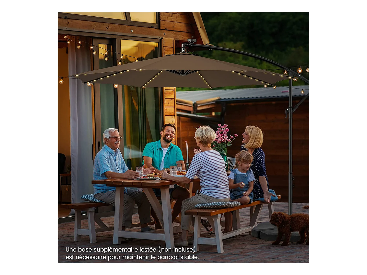 Parasol Déporté Inclinable 3M,112 Lumières LED, Panneau Solaire,Base Croisée Manivelle,Verrou de Sécurité, 303x243,5cm Café