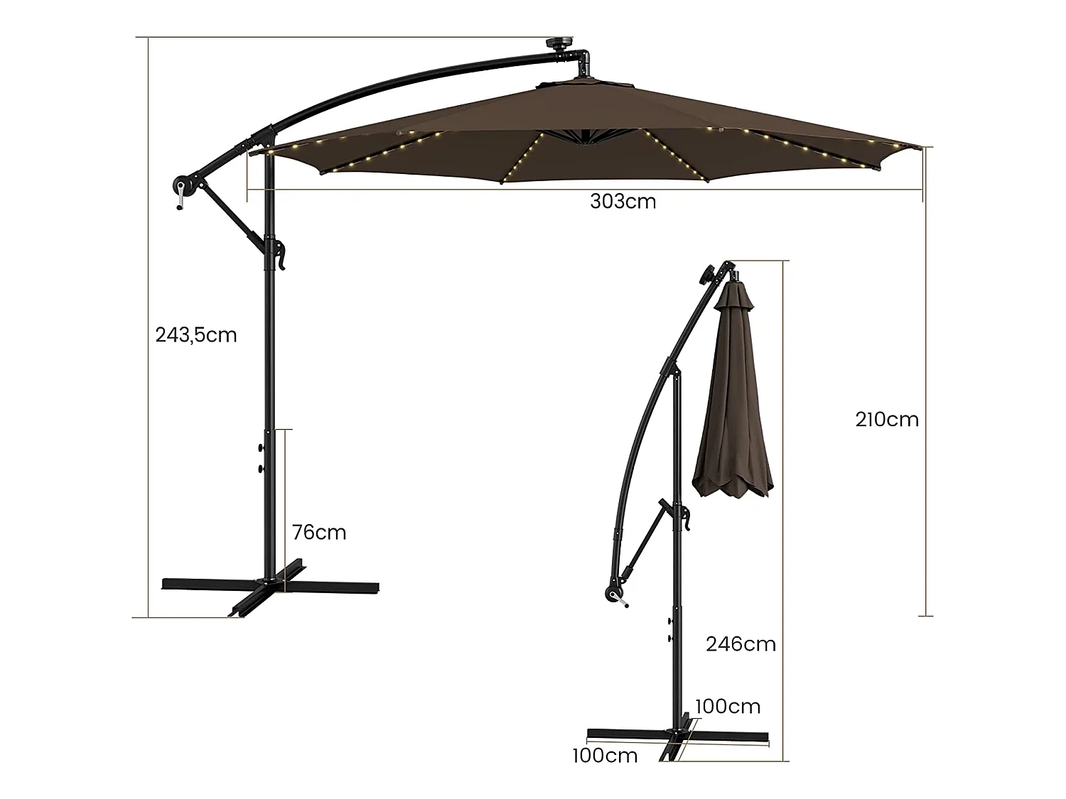 Parasol Déporté Inclinable 3M,112 Lumières LED, Panneau Solaire,Base Croisée Manivelle,Verrou de Sécurité, 303x243,5cm Café