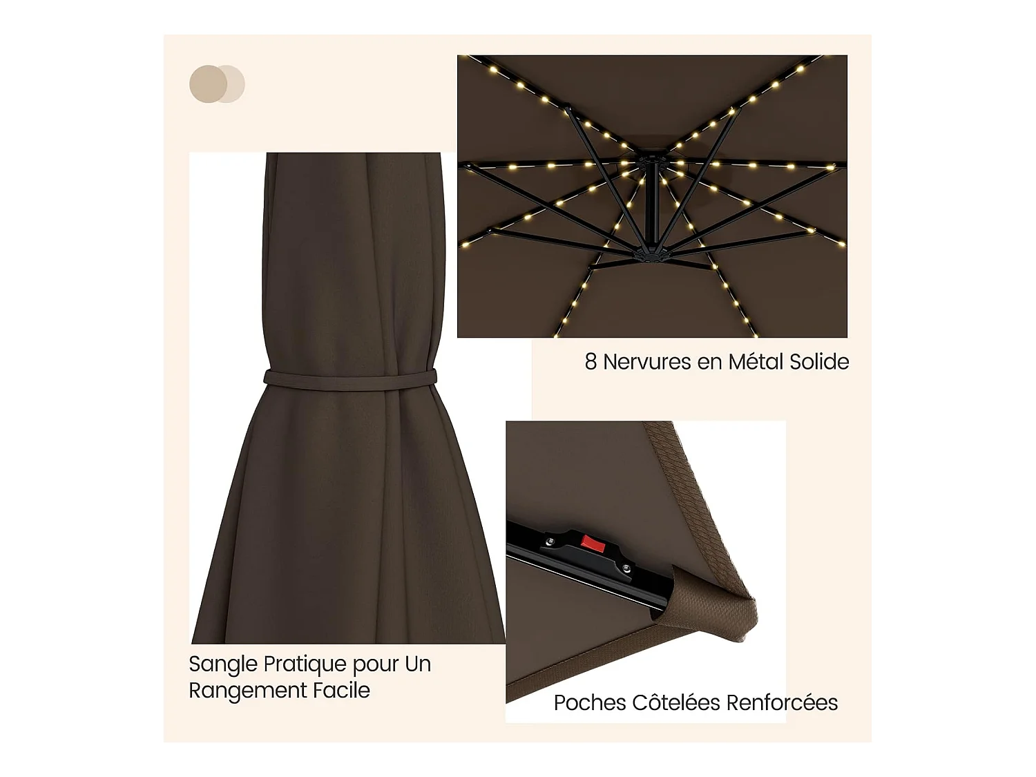 Parasol Déporté Inclinable 3M,112 Lumières LED, Panneau Solaire,Base Croisée Manivelle,Verrou de Sécurité, 303x243,5cm Café