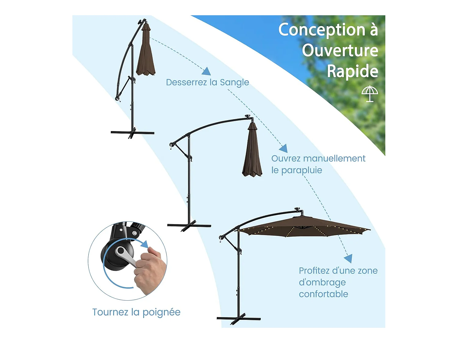 Parasol Déporté Inclinable 3M,112 Lumières LED, Panneau Solaire,Base Croisée Manivelle,Verrou de Sécurité, 303x243,5cm Café