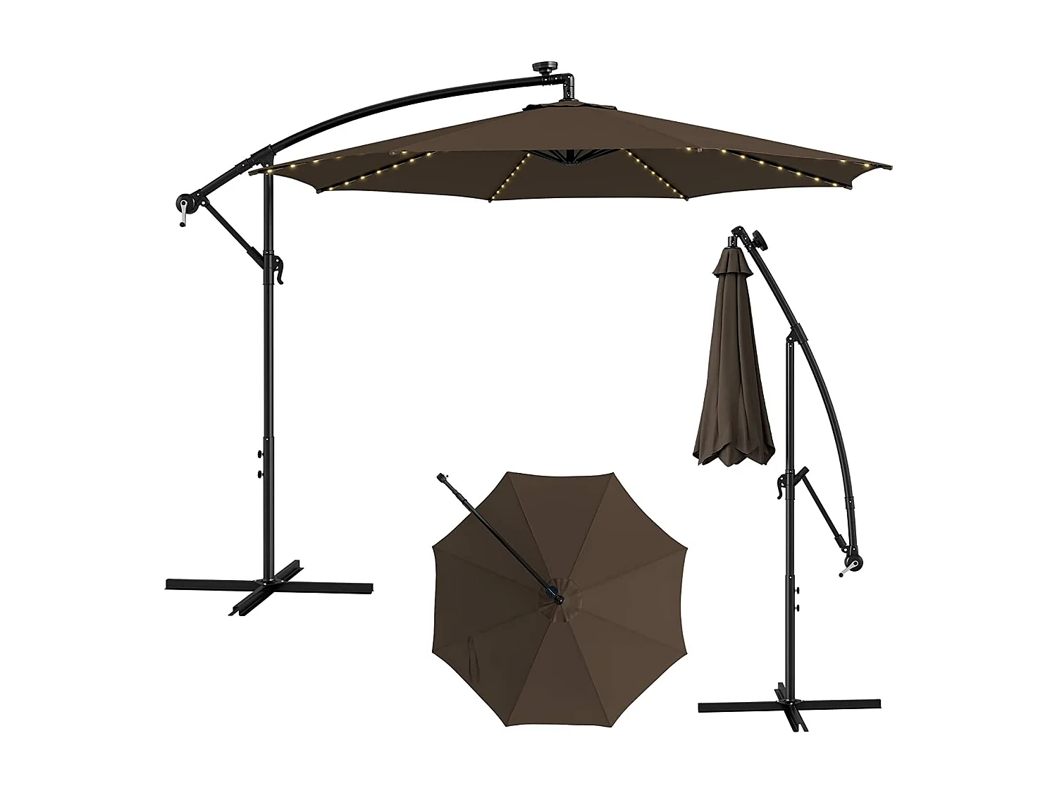 Parasol Déporté Inclinable 3M,112 Lumières LED, Panneau Solaire,Base Croisée Manivelle,Verrou de Sécurité, 303x243,5cm Café