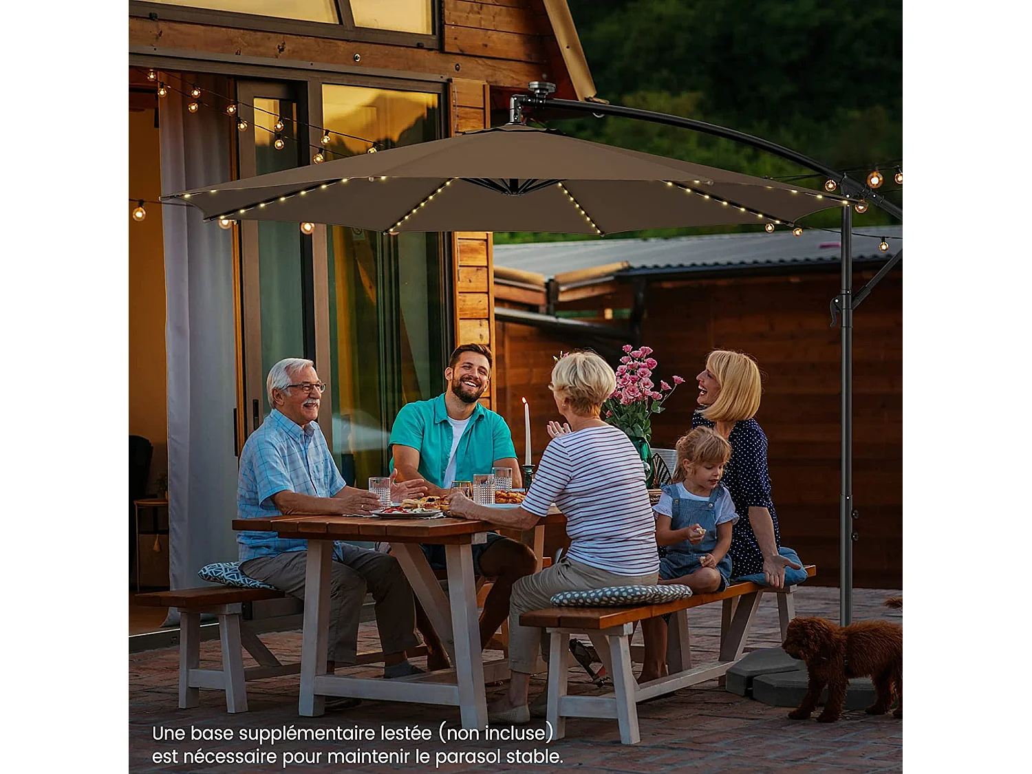 Parasol Déporté Inclinable 3M,112 Lumières LED, Panneau Solaire,Base Croisée Manivelle,Verrou de Sécurité, 303x243,5cm Café