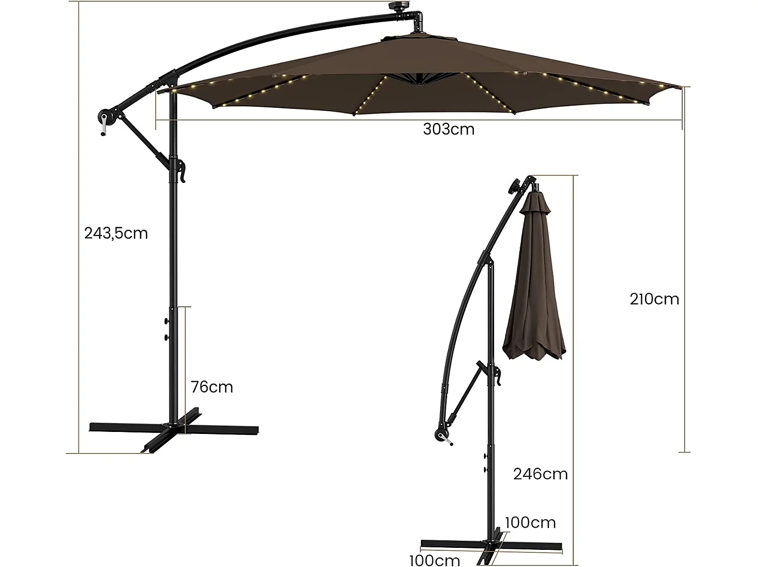 Parasol Déporté Inclinable 3M,112 Lumières LED, Panneau Solaire,Base Croisée Manivelle,Verrou de Sécurité, 303x243,5cm Café