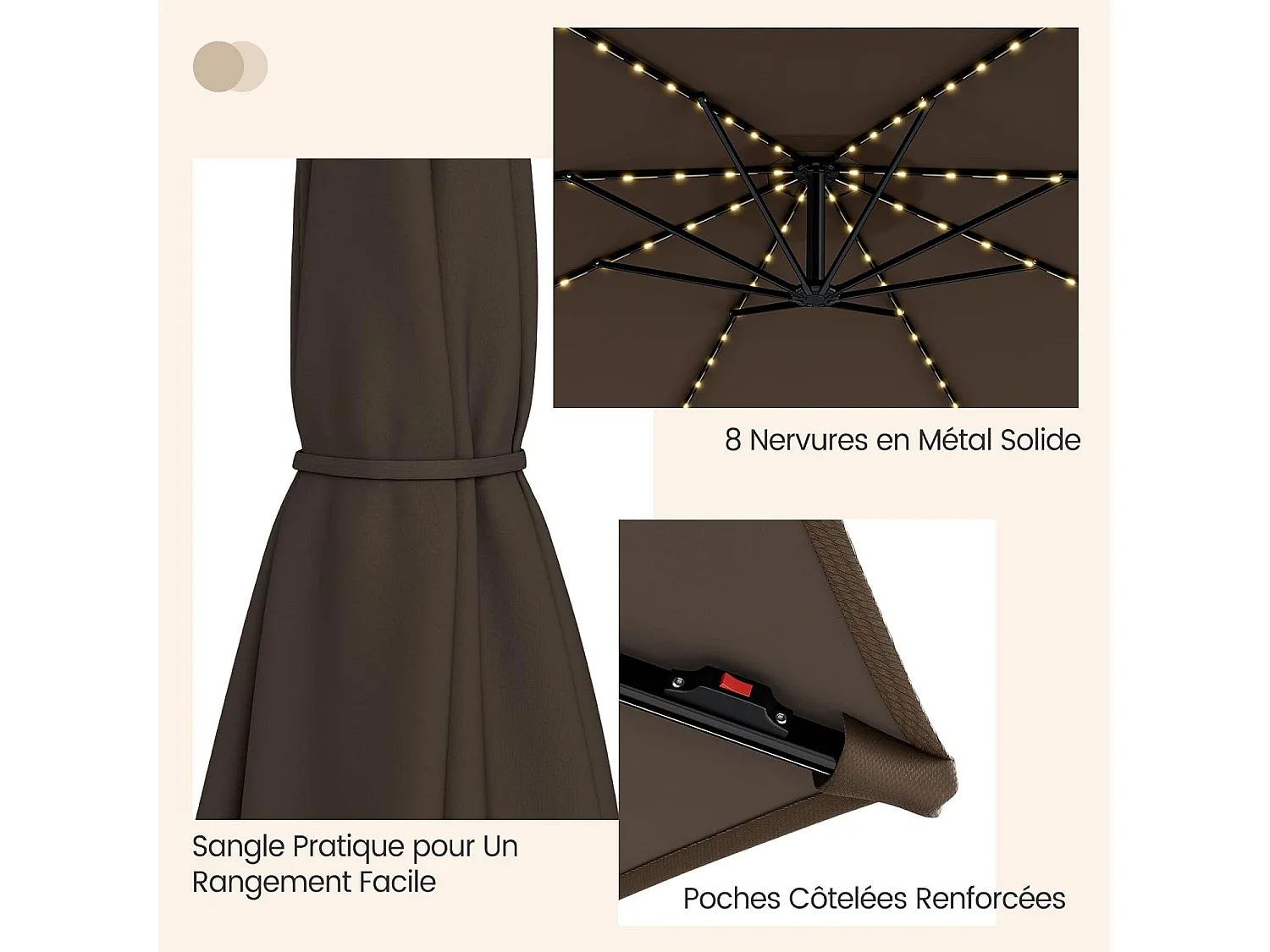 Parasol Déporté Inclinable 3M,112 Lumières LED, Panneau Solaire,Base Croisée Manivelle,Verrou de Sécurité, 303x243,5cm Café