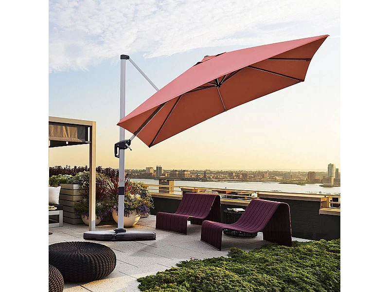 Parasol Déporté Carré 3M avec Base en Croix Poteau en Aluminium Rotatif à 360° Manivelle Inclinable 8 Baleines Orange