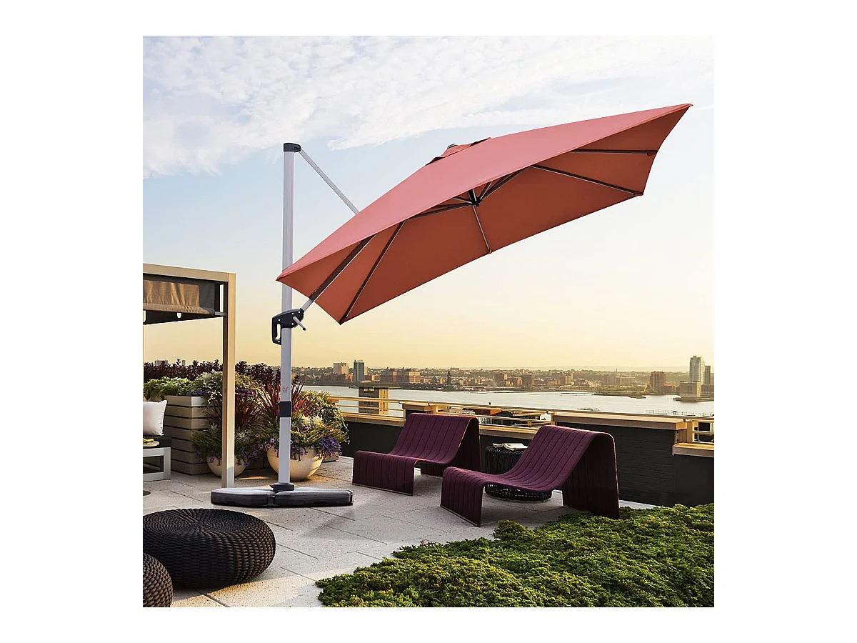 Parasol Déporté Carré 3M avec Base en Croix Poteau en Aluminium Rotatif à 360° Manivelle Inclinable 8 Baleines Orange