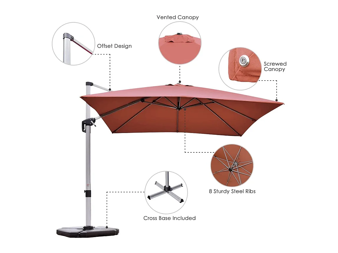 Parasol Déporté Carré 3M avec Base en Croix Poteau en Aluminium Rotatif à 360° Manivelle Inclinable 8 Baleines Orange