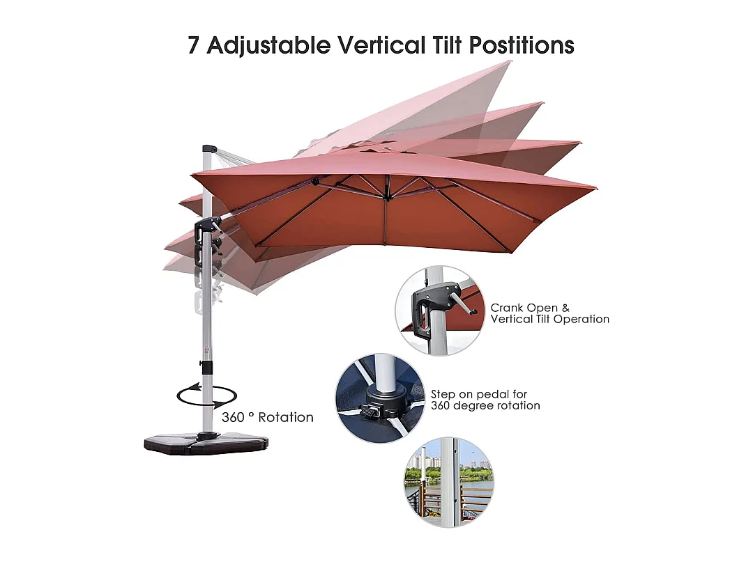 Parasol Déporté Carré 3M avec Base en Croix Poteau en Aluminium Rotatif à 360° Manivelle Inclinable 8 Baleines Orange