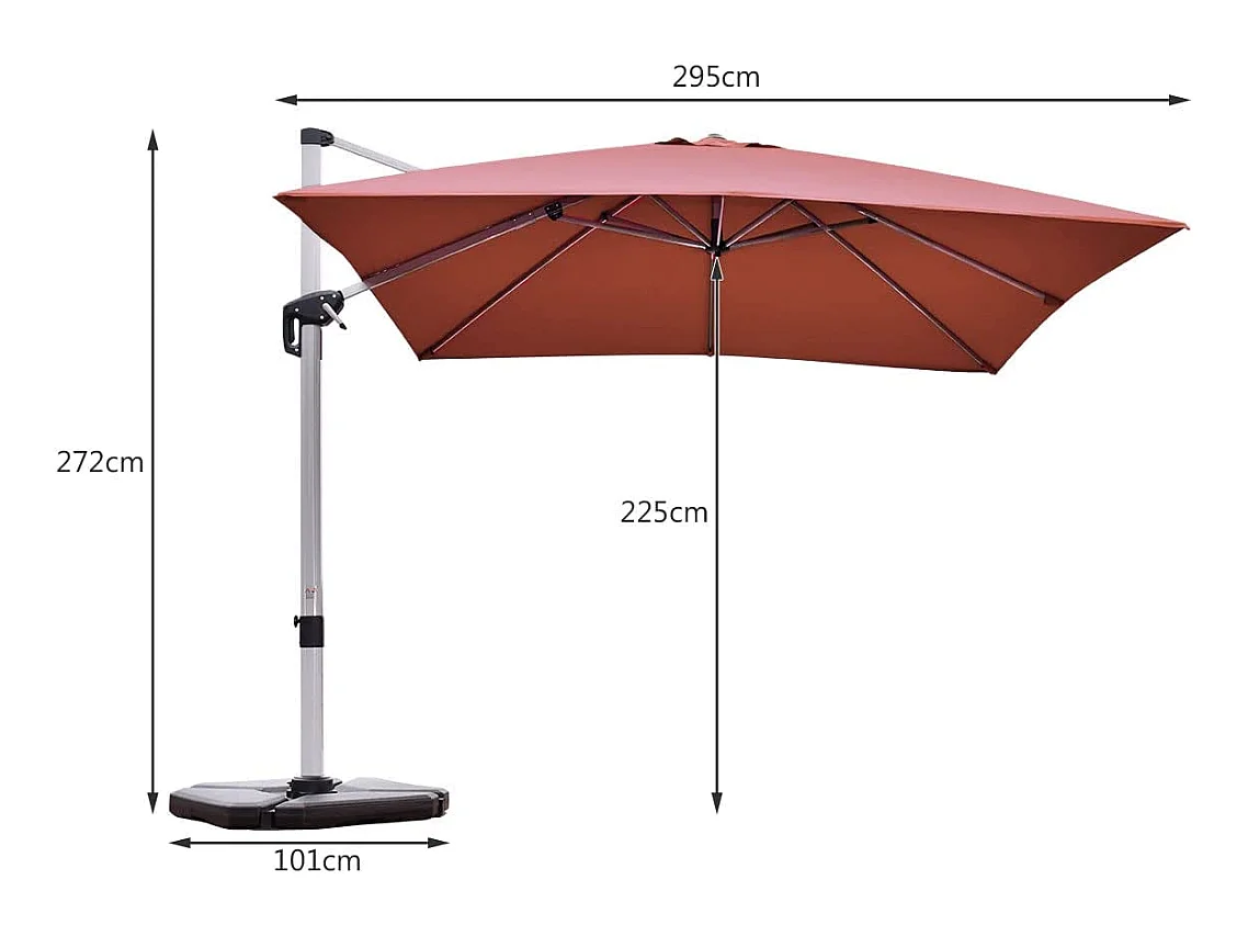 Parasol Déporté Carré 3M avec Base en Croix Poteau en Aluminium Rotatif à 360° Manivelle Inclinable 8 Baleines Orange