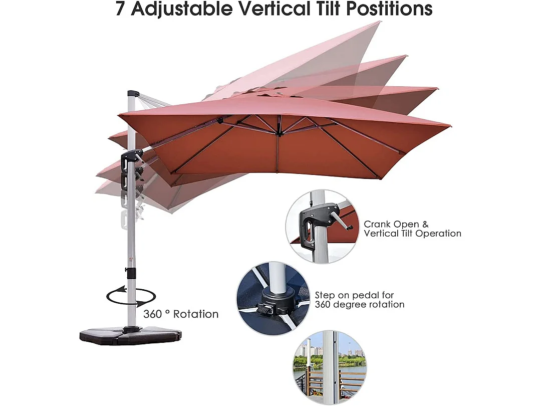 Parasol Déporté Carré 3M avec Base en Croix Poteau en Aluminium Rotatif à 360° Manivelle Inclinable 8 Baleines Orange