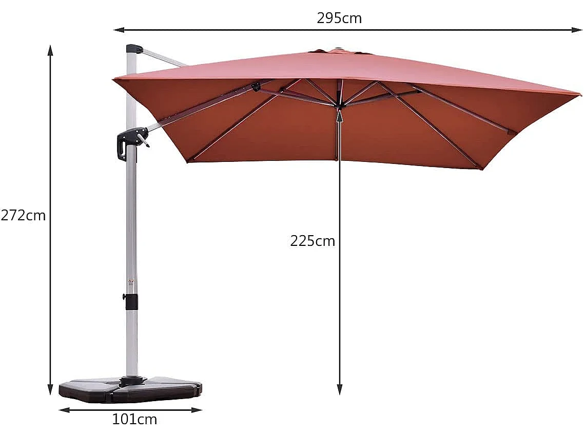 Parasol Déporté Carré 3M avec Base en Croix Poteau en Aluminium Rotatif à 360° Manivelle Inclinable 8 Baleines Orange
