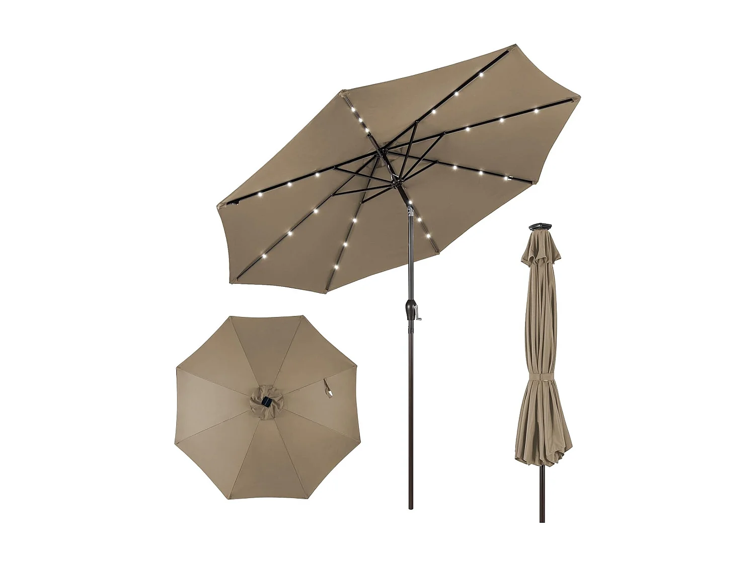 Parasol de Jardin Extérieur Ø 300 CM, Parasol Inclinable Lumineux Solaire avec 24 LED, Parasol Droit avec Manivelle et 8 Baleines Métalliques Robustes, pour Balcon Jardin Terrasse (Brun)