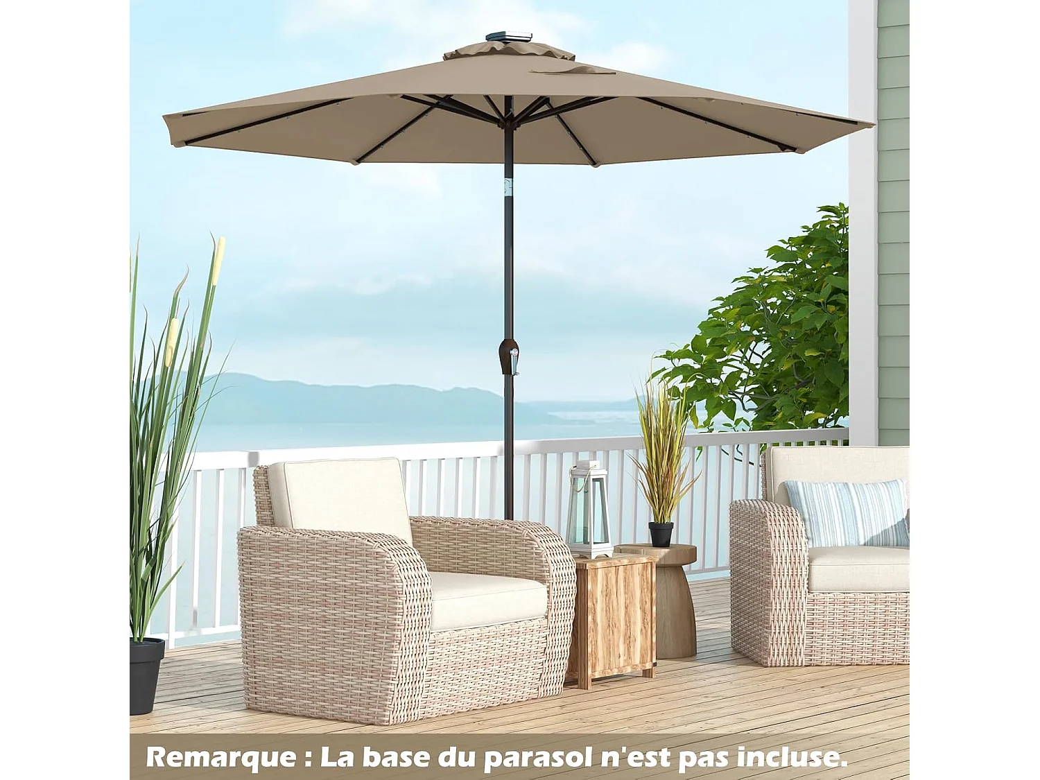 Parasol de Jardin Extérieur Ø 300 CM, Parasol Inclinable Lumineux Solaire avec 24 LED, Parasol Droit avec Manivelle et 8 Baleines Métalliques Robustes, pour Balcon Jardin Terrasse (Brun)