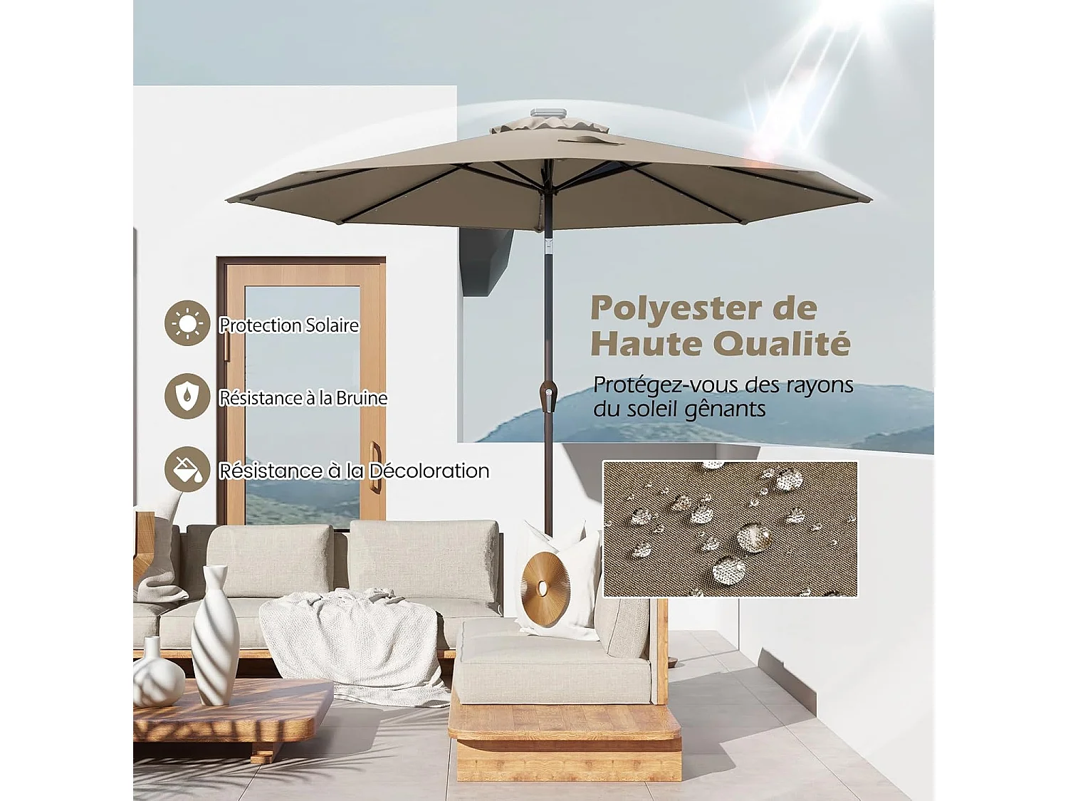 Parasol de Jardin Extérieur Ø 300 CM, Parasol Inclinable Lumineux Solaire avec 24 LED, Parasol Droit avec Manivelle et 8 Baleines Métalliques Robustes, pour Balcon Jardin Terrasse (Brun)