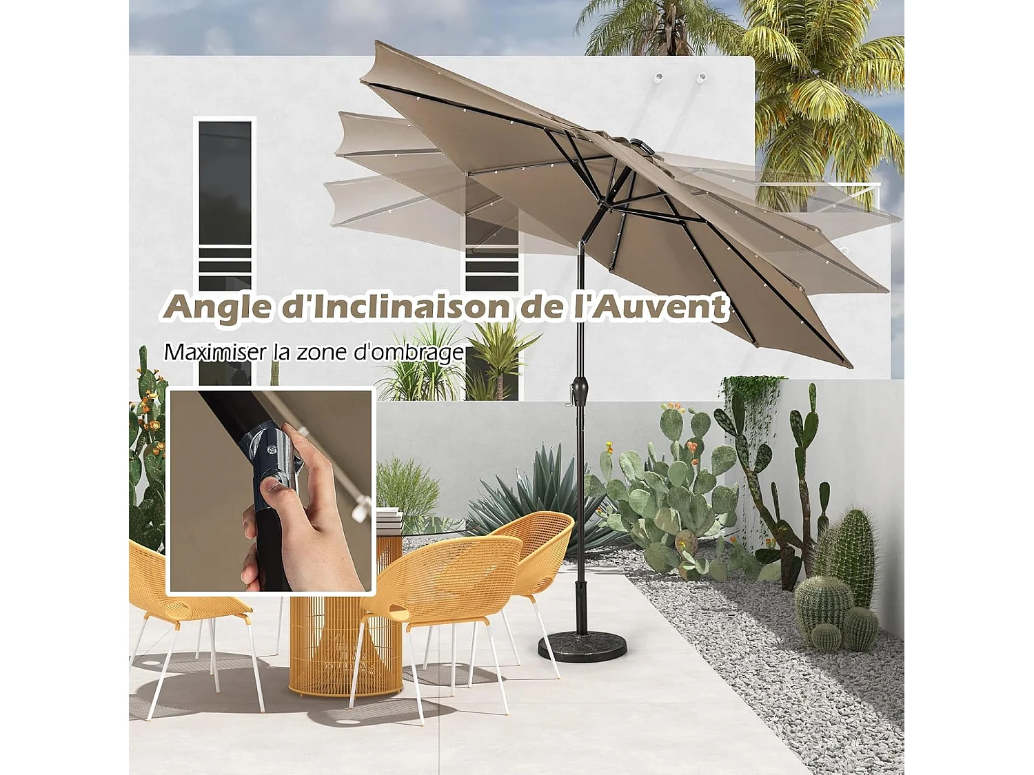 Parasol de Jardin Extérieur Ø 300 CM, Parasol Inclinable Lumineux Solaire avec 24 LED, Parasol Droit avec Manivelle et 8 Baleines Métalliques Robustes, pour Balcon Jardin Terrasse (Brun)