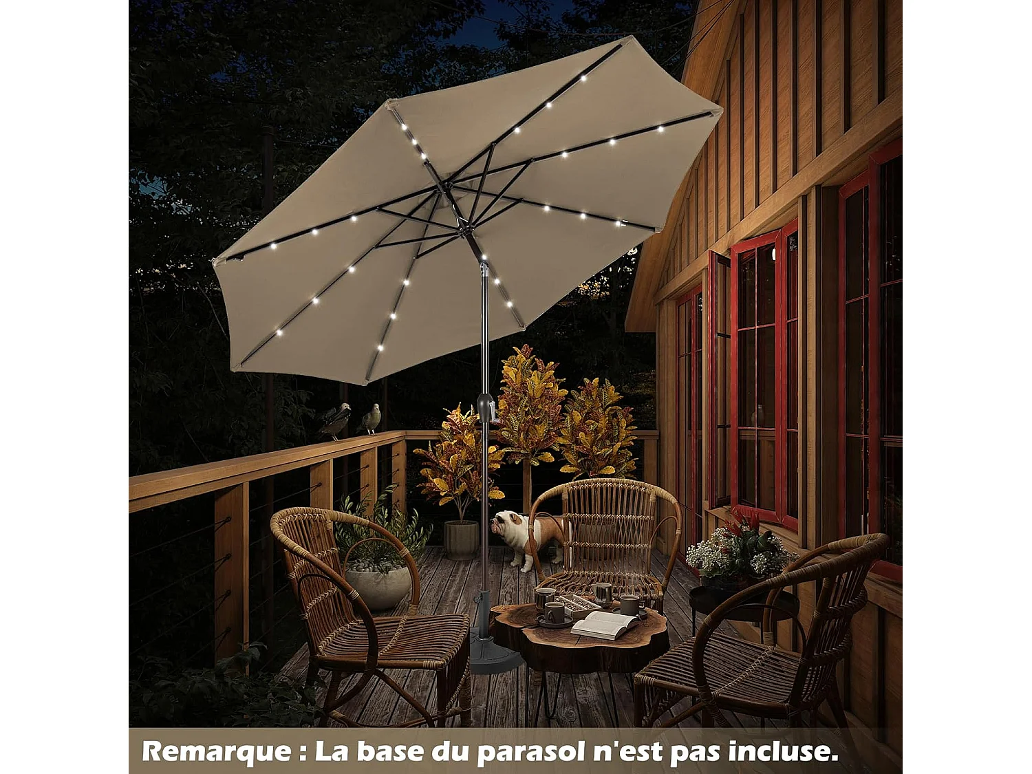 Parasol de Jardin Extérieur Ø 300 CM, Parasol Inclinable Lumineux Solaire avec 24 LED, Parasol Droit avec Manivelle et 8 Baleines Métalliques Robustes, pour Balcon Jardin Terrasse (Brun)